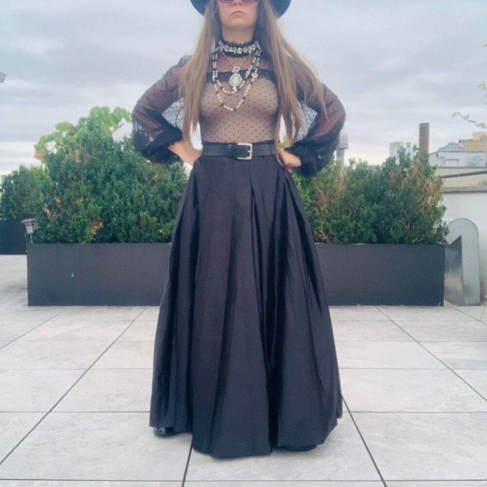 Anthro Full Satin Skater Drama Black Tie Dress Up Maxi Flare Skirt Pockets NWOT - Picture 11 of 16